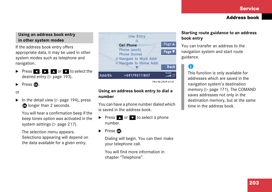 Using an address book entry in other system modes, Using an address book entry, In other system modes | 203 service | Mercedes-Benz Comand 6515 6786 13 User Manual | Page 203 / 231