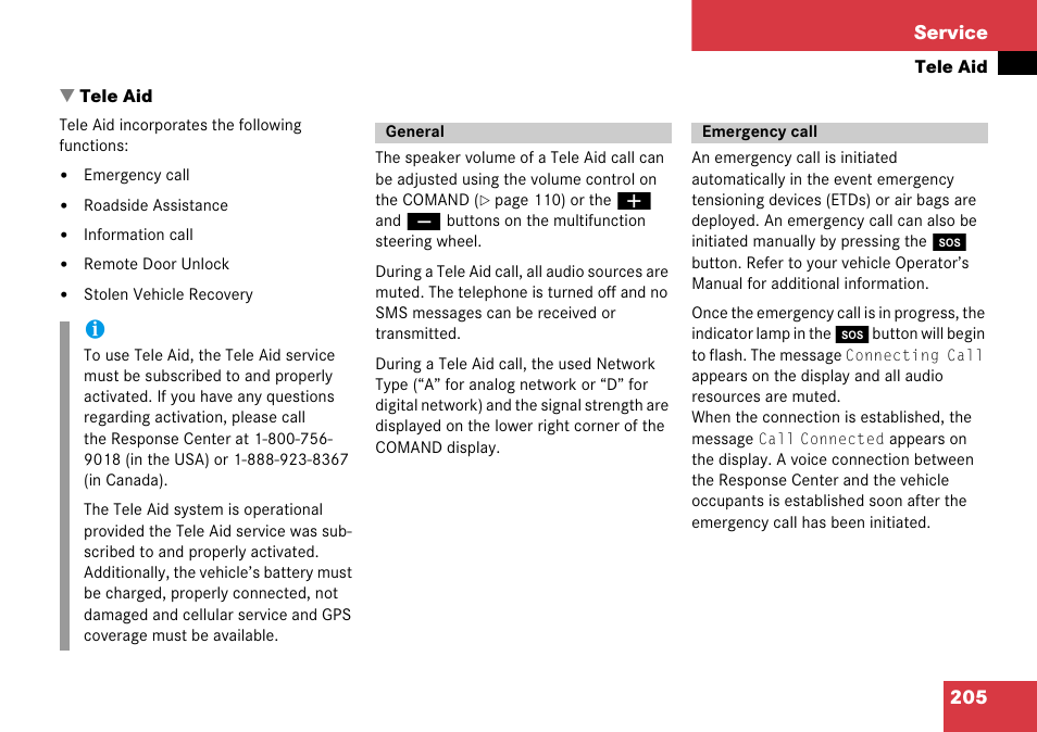 Tele aid, General, Emergency call | General emergency call, 205 service | Mercedes-Benz Comand 6515 6786 13 User Manual | Page 205 / 231