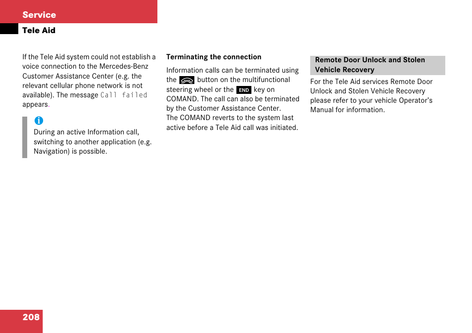 Remote door unlock and stolen vehicle recovery, Remote door unlock and, Stolen vehicle recovery | Mercedes-Benz Comand 6515 6786 13 User Manual | Page 208 / 231