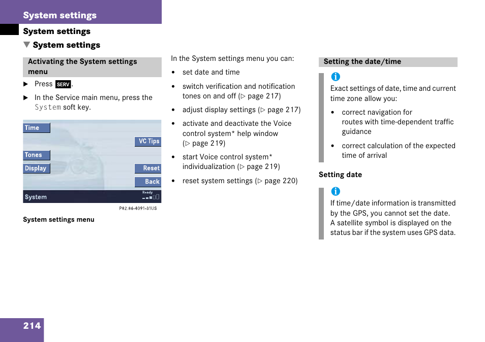 System settings, Setting the date/time, 214 system settings | Mercedes-Benz Comand 6515 6786 13 User Manual | Page 214 / 231