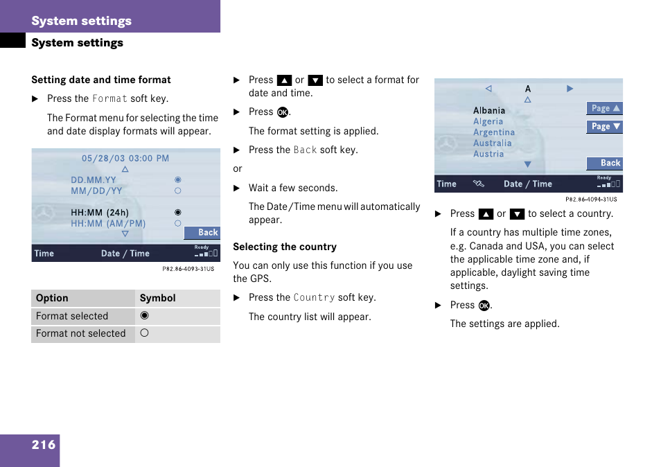 216 system settings | Mercedes-Benz Comand 6515 6786 13 User Manual | Page 216 / 231