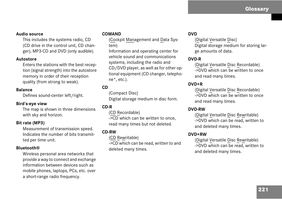 Glossary, 221 glossary | Mercedes-Benz Comand 6515 6786 13 User Manual | Page 221 / 231