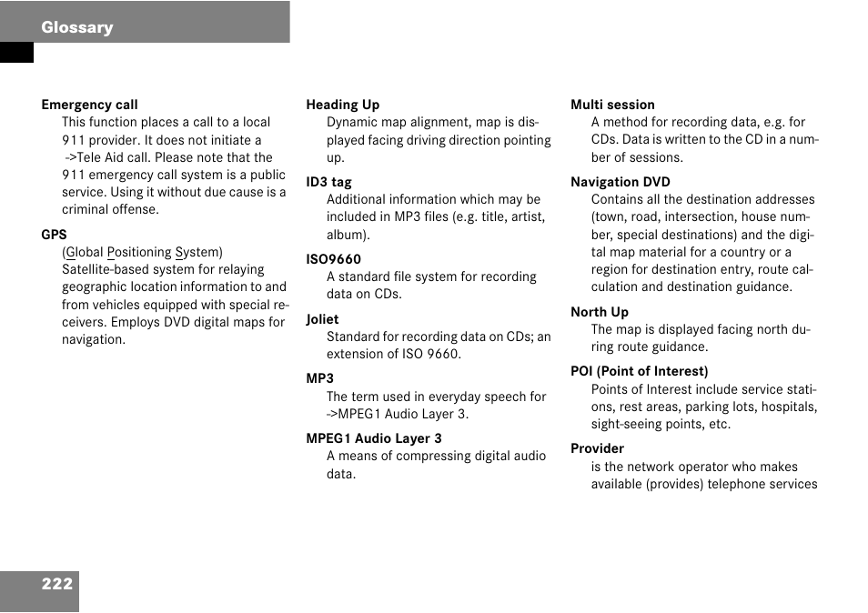 222 glossary | Mercedes-Benz Comand 6515 6786 13 User Manual | Page 222 / 231