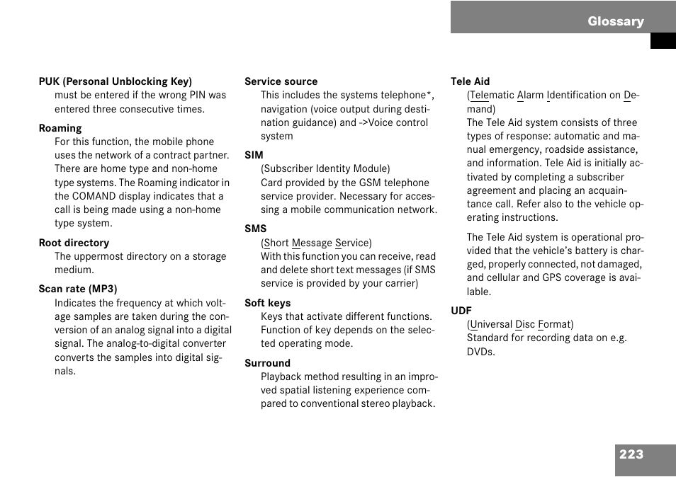 223 glossary | Mercedes-Benz Comand 6515 6786 13 User Manual | Page 223 / 231