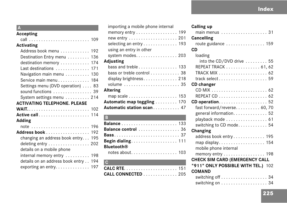 Index, 225 index | Mercedes-Benz Comand 6515 6786 13 User Manual | Page 225 / 231