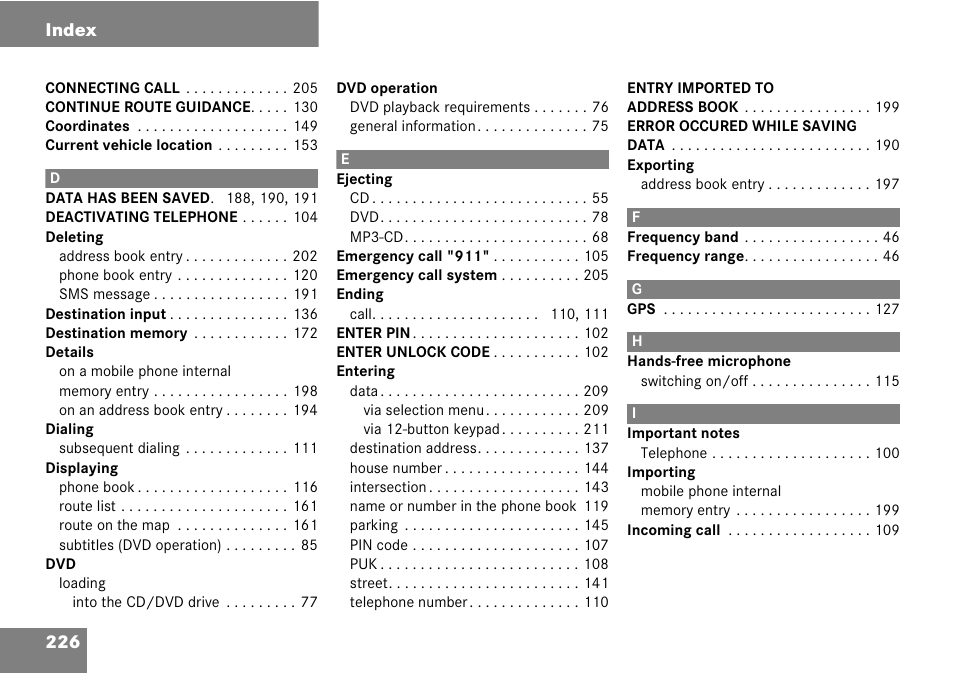 226 index | Mercedes-Benz Comand 6515 6786 13 User Manual | Page 226 / 231