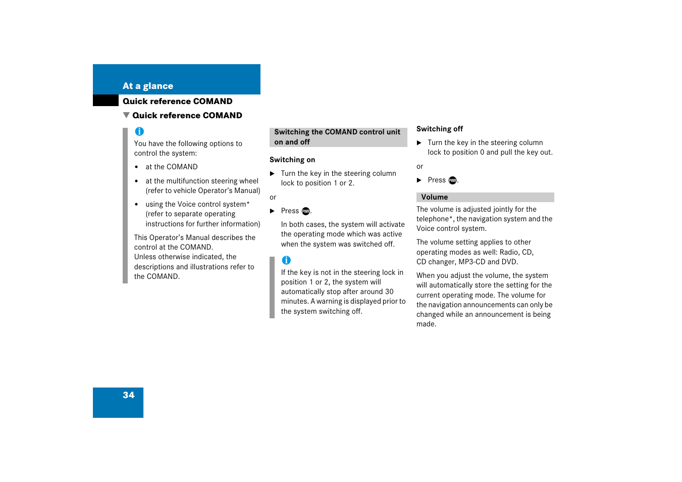 Quick reference comand, Switching the comand control unit on and off, Volume | Switching the comand, Control unit on and off volume, 34 at a glance | Mercedes-Benz Comand 6515 6786 13 User Manual | Page 34 / 231