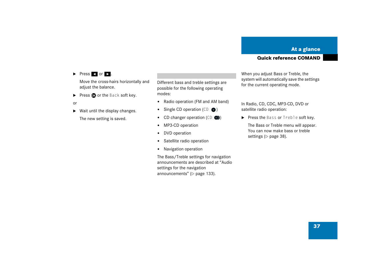 Bass and treble, 37 at a glance | Mercedes-Benz Comand 6515 6786 13 User Manual | Page 37 / 231