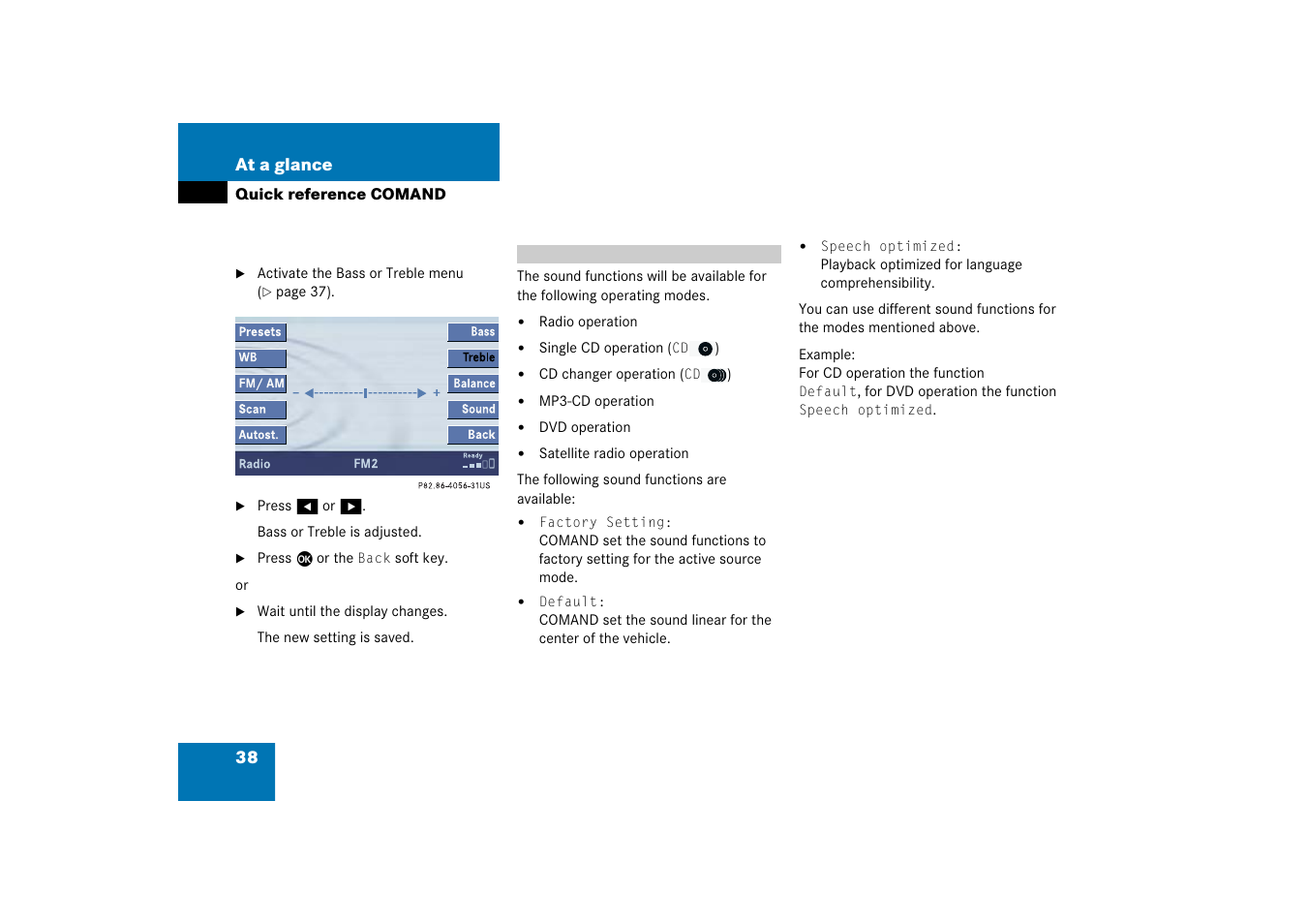 Sound functions, Settings, 38 at a glance | Mercedes-Benz Comand 6515 6786 13 User Manual | Page 38 / 231