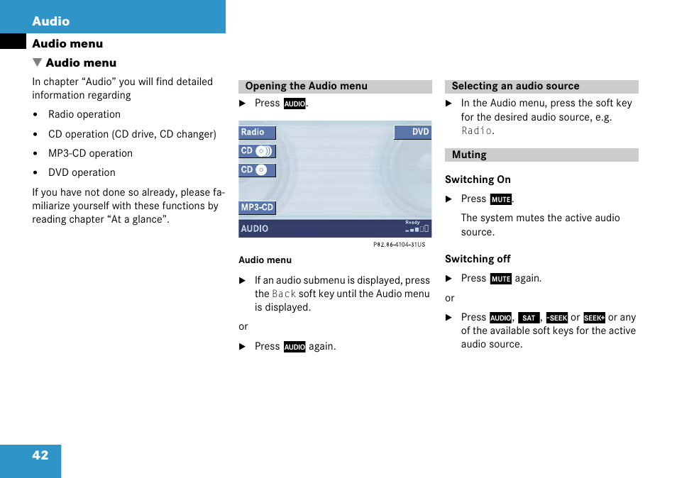 Audio menu, Opening the audio menu, Selecting an audio source | Muting, Audio, 42 audio | Mercedes-Benz Comand 6515 6786 13 User Manual | Page 42 / 231