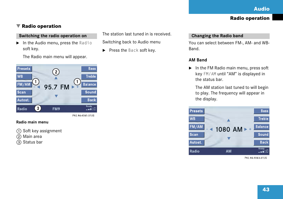 Radio operation, Switching the radio operation on, Changing the radio band | 43 audio | Mercedes-Benz Comand 6515 6786 13 User Manual | Page 43 / 231