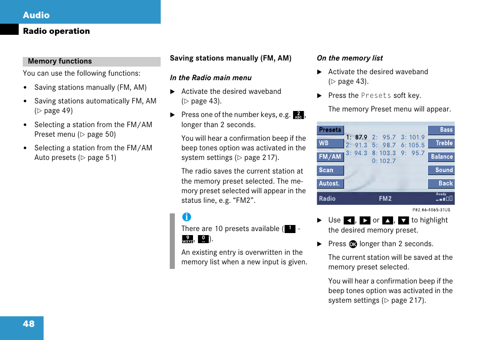 Memory functions, 48 audio | Mercedes-Benz Comand 6515 6786 13 User Manual | Page 48 / 231