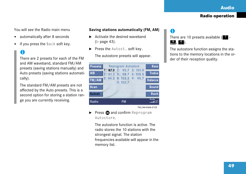 The radio, The memory preset s, 49 audio | Mercedes-Benz Comand 6515 6786 13 User Manual | Page 49 / 231