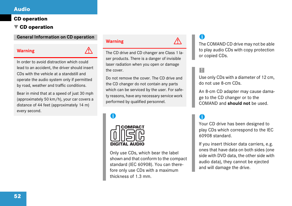 Cd operation, General information on cd operation, General information on | Mercedes-Benz Comand 6515 6786 13 User Manual | Page 52 / 231