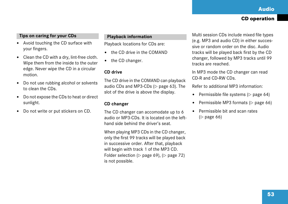 Tips on caring for your cds, Playback information, Tips on caring for your cds playback information | 53 audio | Mercedes-Benz Comand 6515 6786 13 User Manual | Page 53 / 231