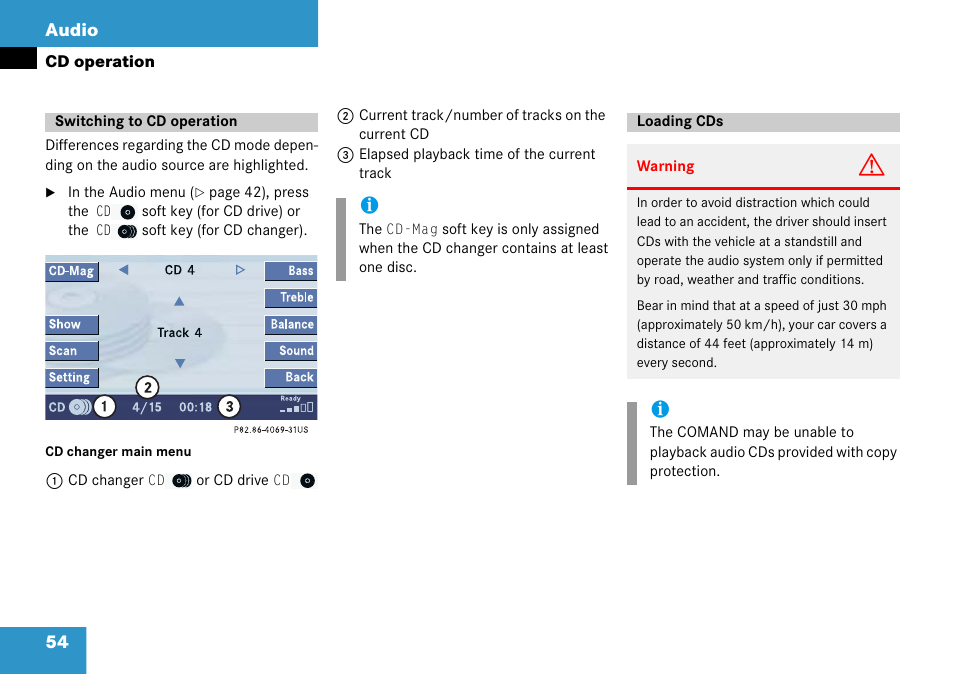 Switching to cd operation, Loading cds, Switching to cd operation loading cds | 54 audio | Mercedes-Benz Comand 6515 6786 13 User Manual | Page 54 / 231