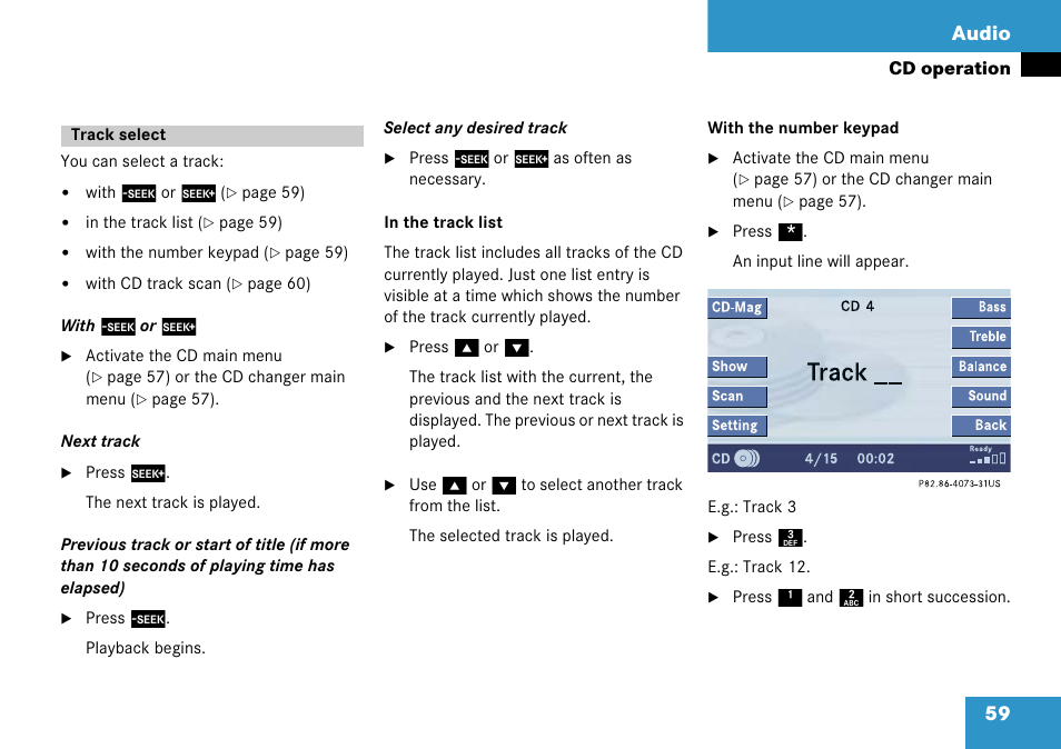 Track select, 59 audio | Mercedes-Benz Comand 6515 6786 13 User Manual | Page 59 / 231