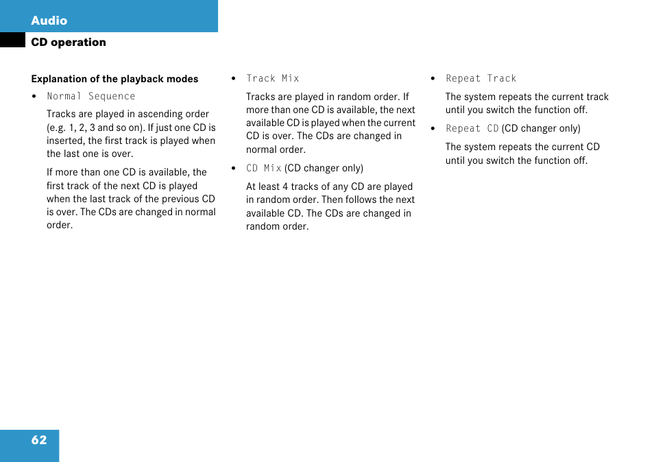 62 audio | Mercedes-Benz Comand 6515 6786 13 User Manual | Page 62 / 231