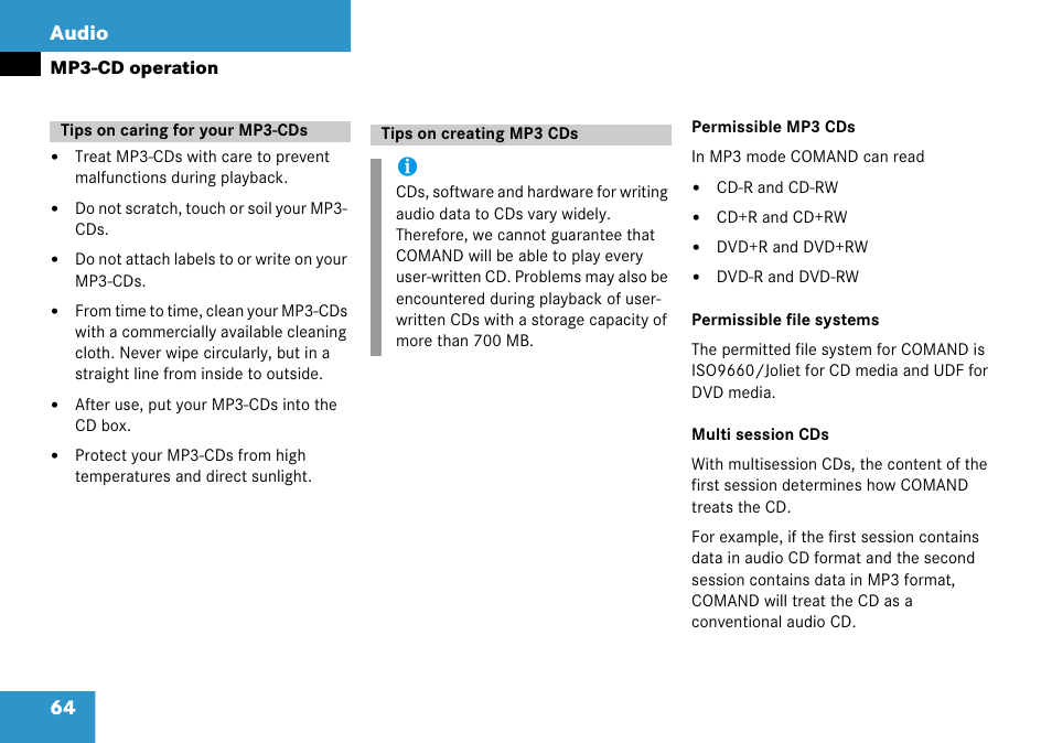 Tips on caring for your mp3-cds, Tips on creating mp3 cds, 64 audio | Mercedes-Benz Comand 6515 6786 13 User Manual | Page 64 / 231