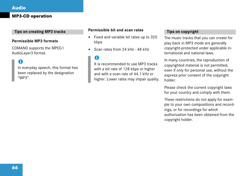 Tips on creating mp3 tracks, Tips on copyright, Tips on creating mp3 tracks tips on copyright | Mercedes-Benz Comand 6515 6786 13 User Manual | Page 66 / 231