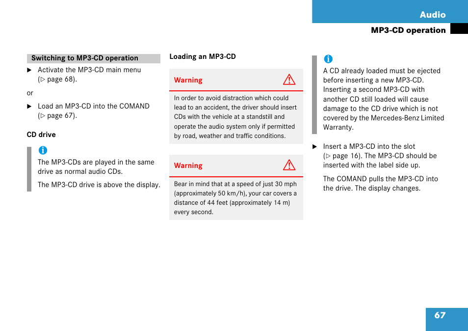 Switching to mp3-cd operation, 67 audio | Mercedes-Benz Comand 6515 6786 13 User Manual | Page 67 / 231