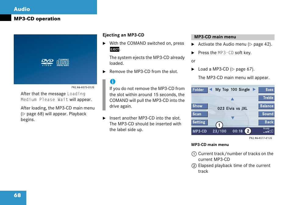 Mp3-cd main menu, Same, Splay | 68 audio | Mercedes-Benz Comand 6515 6786 13 User Manual | Page 68 / 231