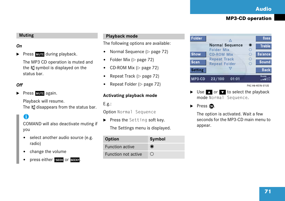Muting, Playback mode, Muting playback mode | 71 audio | Mercedes-Benz Comand 6515 6786 13 User Manual | Page 71 / 231