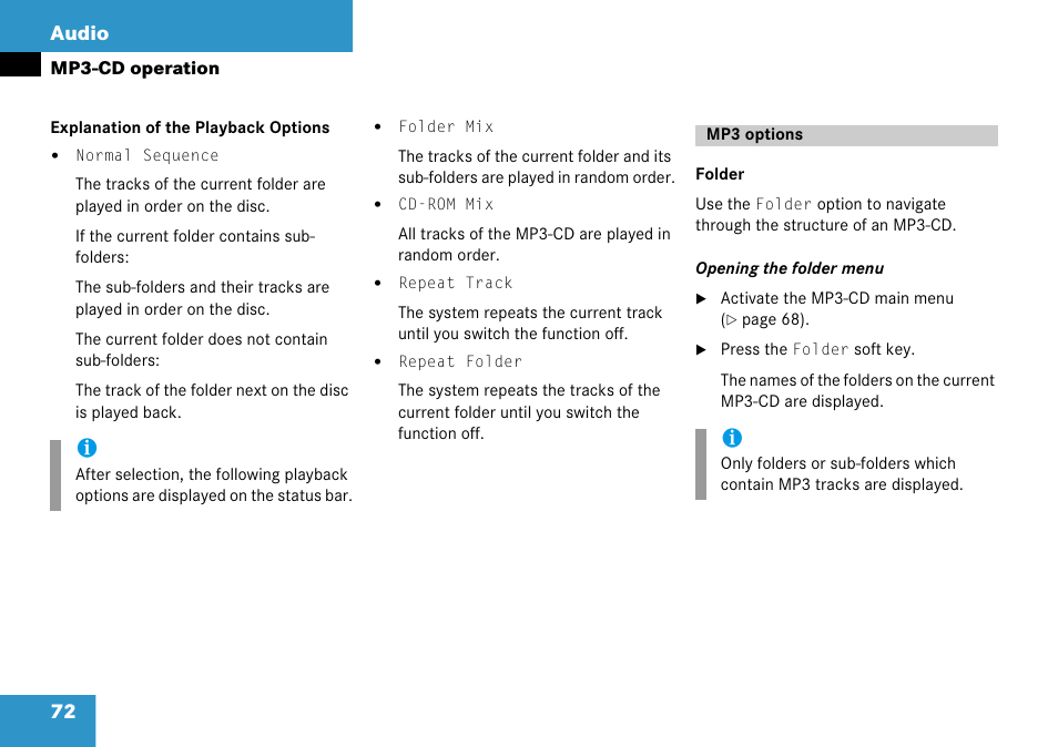 Mp3 options, 72 audio | Mercedes-Benz Comand 6515 6786 13 User Manual | Page 72 / 231