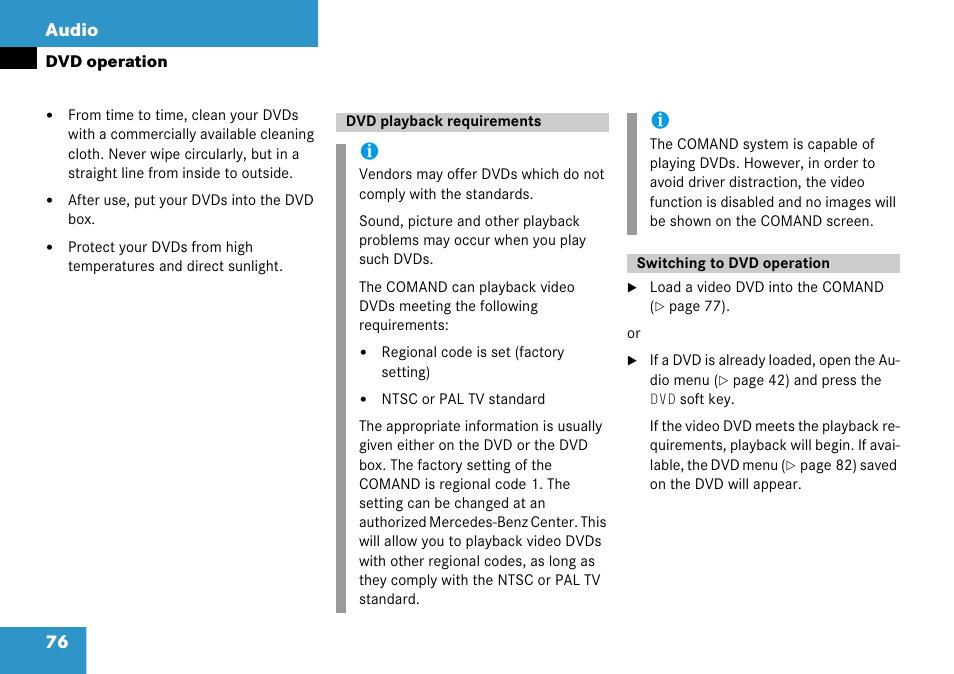 Dvd playback requirements, Switching to dvd operation, 76 audio | Mercedes-Benz Comand 6515 6786 13 User Manual | Page 76 / 231