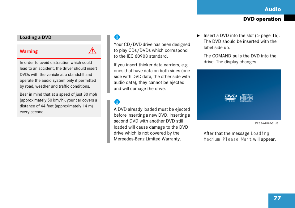 Loading a dvd, 77 audio | Mercedes-Benz Comand 6515 6786 13 User Manual | Page 77 / 231