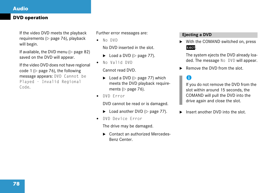 Ejecting a dvd, 78 audio | Mercedes-Benz Comand 6515 6786 13 User Manual | Page 78 / 231