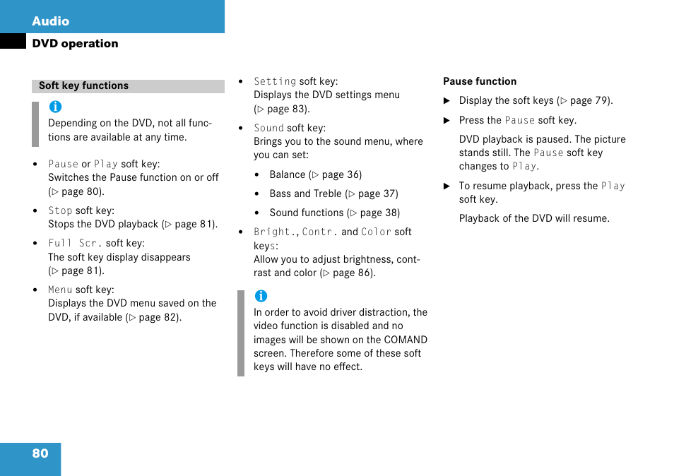 Soft key functions, 80 audio | Mercedes-Benz Comand 6515 6786 13 User Manual | Page 80 / 231