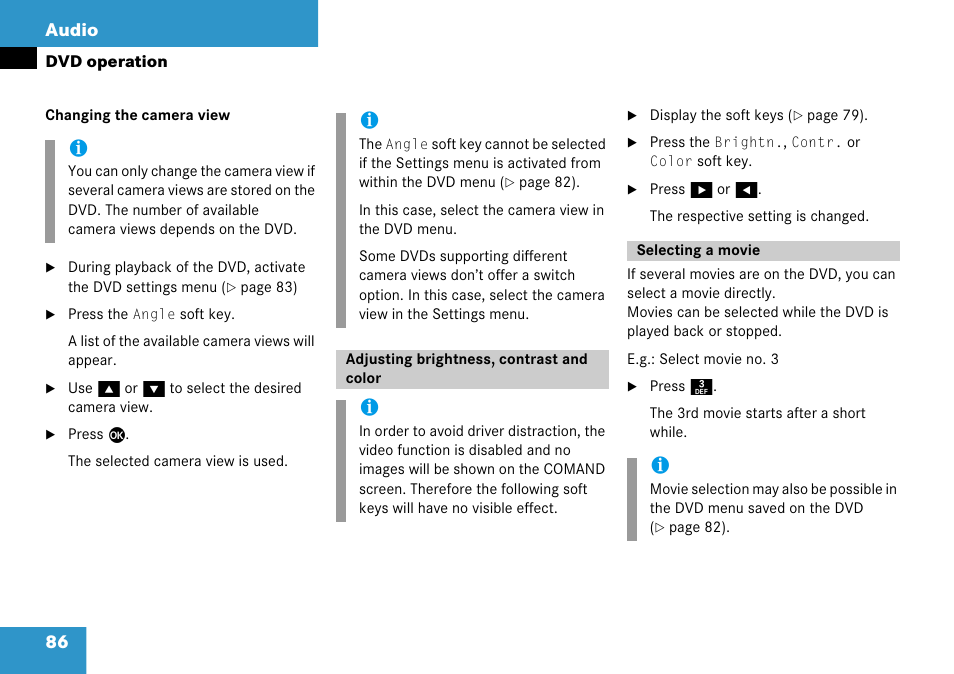 Adjusting brightness, contrast and color, Selecting a movie, Adjusting brightness, contrast | And color selecting a movie, Reen, Dvd playback with the soft ke, Displayed press the, Full, 86 audio | Mercedes-Benz Comand 6515 6786 13 User Manual | Page 86 / 231
