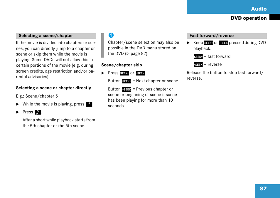 Selecting a scene/chapter, Fast forward/reverse, Selecting a scene/chapter fast forward/reverse | 87 audio | Mercedes-Benz Comand 6515 6786 13 User Manual | Page 87 / 231