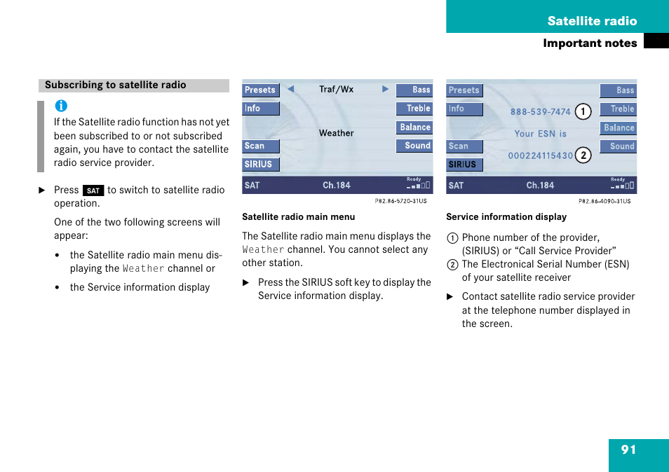 Subscribing to satellite radio, 91 satellite radio | Mercedes-Benz Comand 6515 6786 13 User Manual | Page 91 / 231