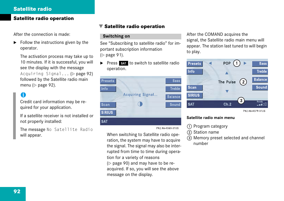 Satellite radio operation, Switching on, Satellite radio | 92 satellite radio | Mercedes-Benz Comand 6515 6786 13 User Manual | Page 92 / 231