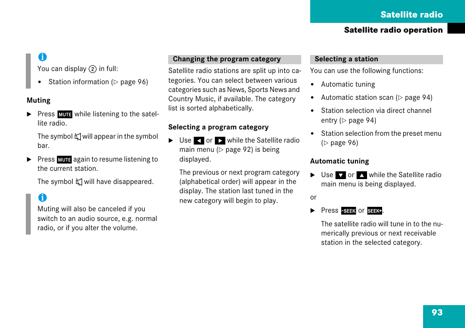 Changing the program category, Selecting a station, Changing the program category selecting a station | 93 satellite radio | Mercedes-Benz Comand 6515 6786 13 User Manual | Page 93 / 231