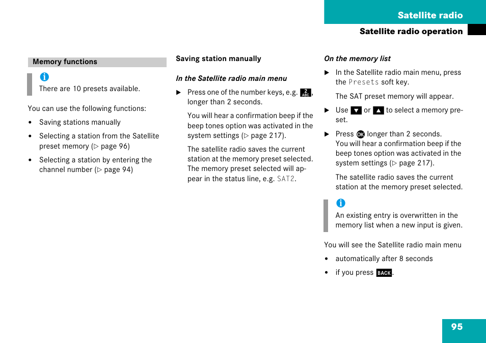 Memory functions, 95 satellite radio | Mercedes-Benz Comand 6515 6786 13 User Manual | Page 95 / 231