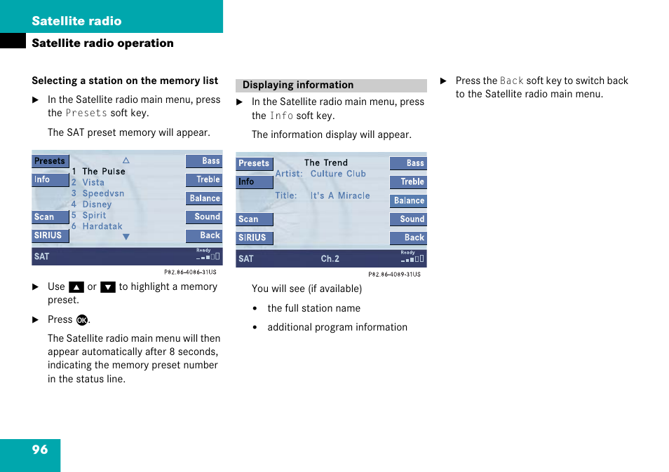 Displaying information, You will hear a con, The satellite radio saves | 96 satellite radio | Mercedes-Benz Comand 6515 6786 13 User Manual | Page 96 / 231