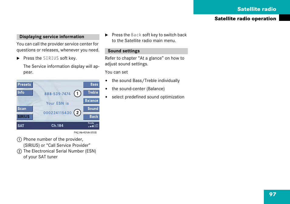Displaying service information, Sound settings, Displaying service information sound settings | 97 satellite radio | Mercedes-Benz Comand 6515 6786 13 User Manual | Page 97 / 231