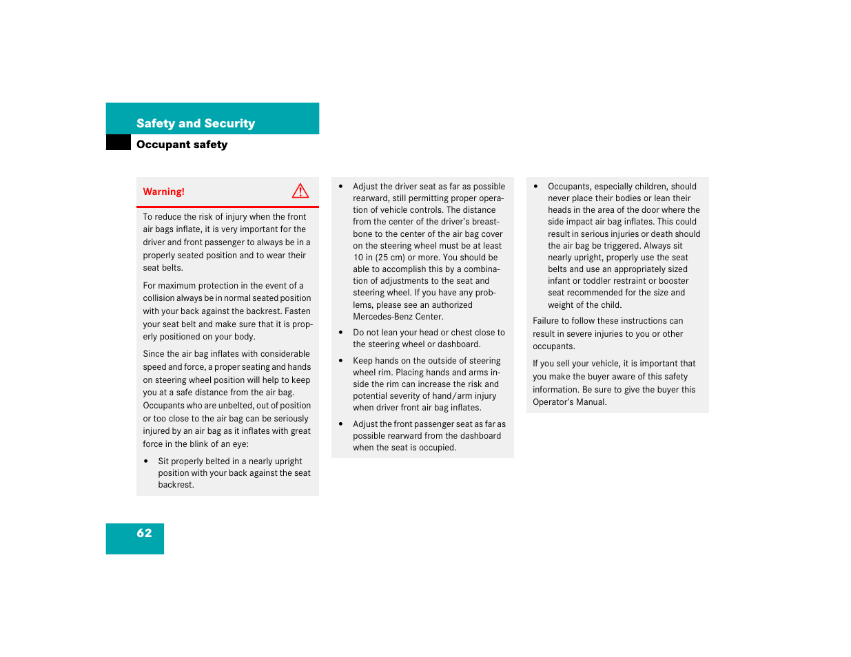 62 safety and security | Mercedes-Benz C-CLASS WAGON C 240 User Manual | Page 64 / 482