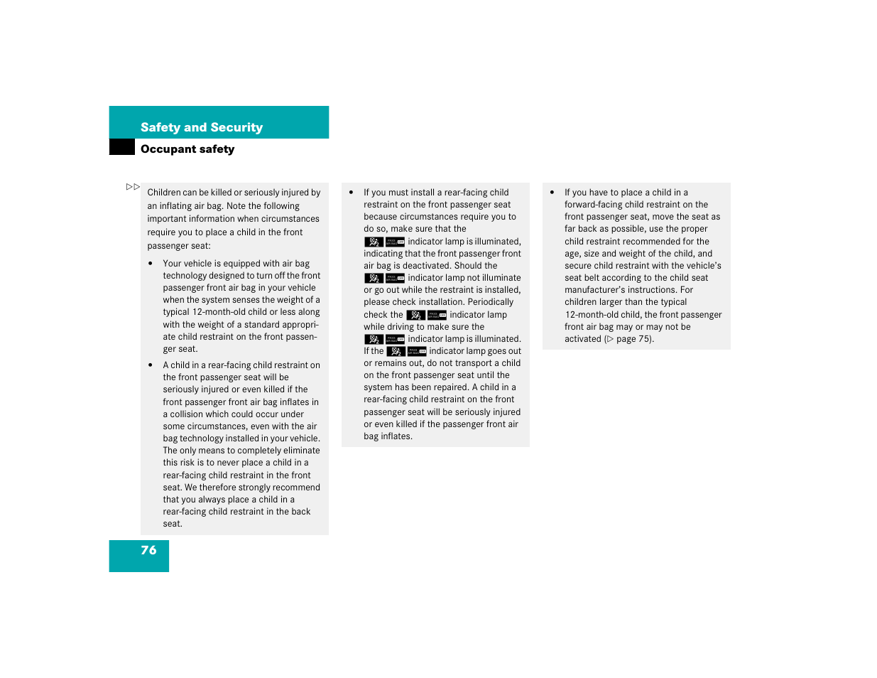 76 safety and security | Mercedes-Benz C-CLASS WAGON C 240 User Manual | Page 78 / 482