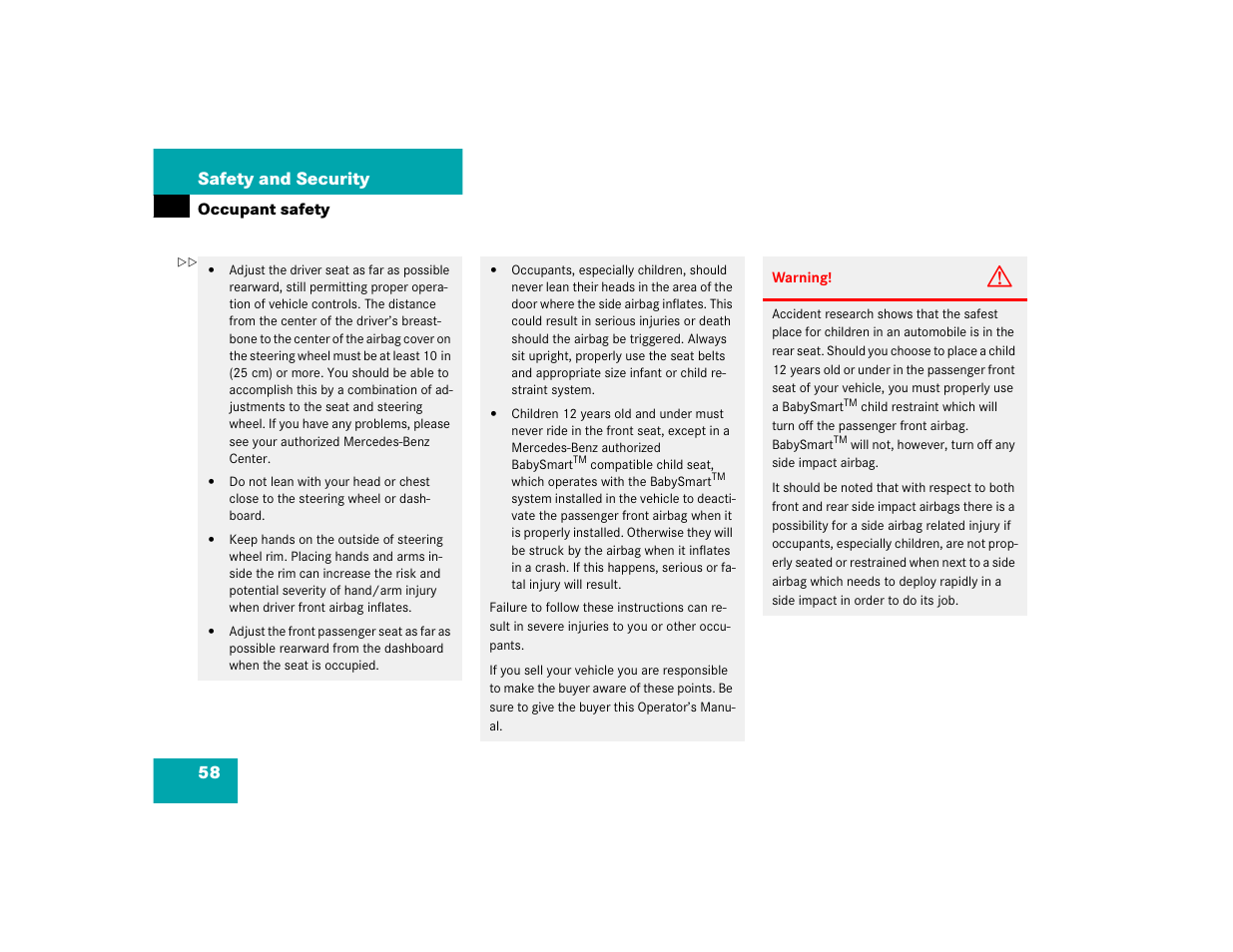 58 safety and security | Mercedes-Benz 2004 E 320 User Manual | Page 58 / 442