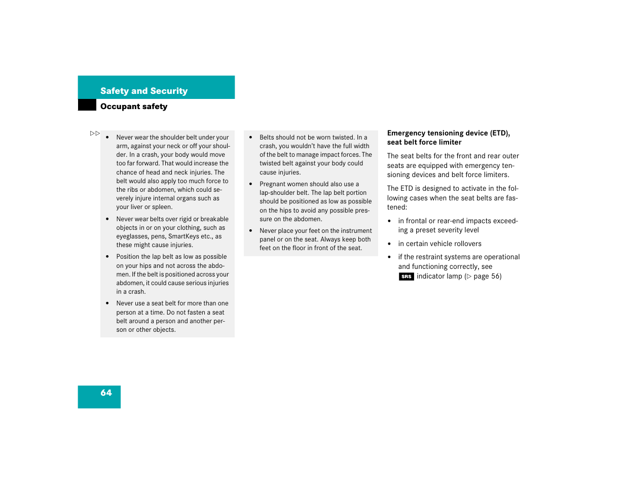 64 safety and security | Mercedes-Benz 2004 E 320 User Manual | Page 64 / 442