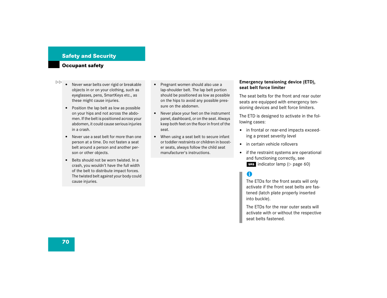 70 safety and security | Mercedes-Benz 2005 E 320 CDI User Manual | Page 72 / 506