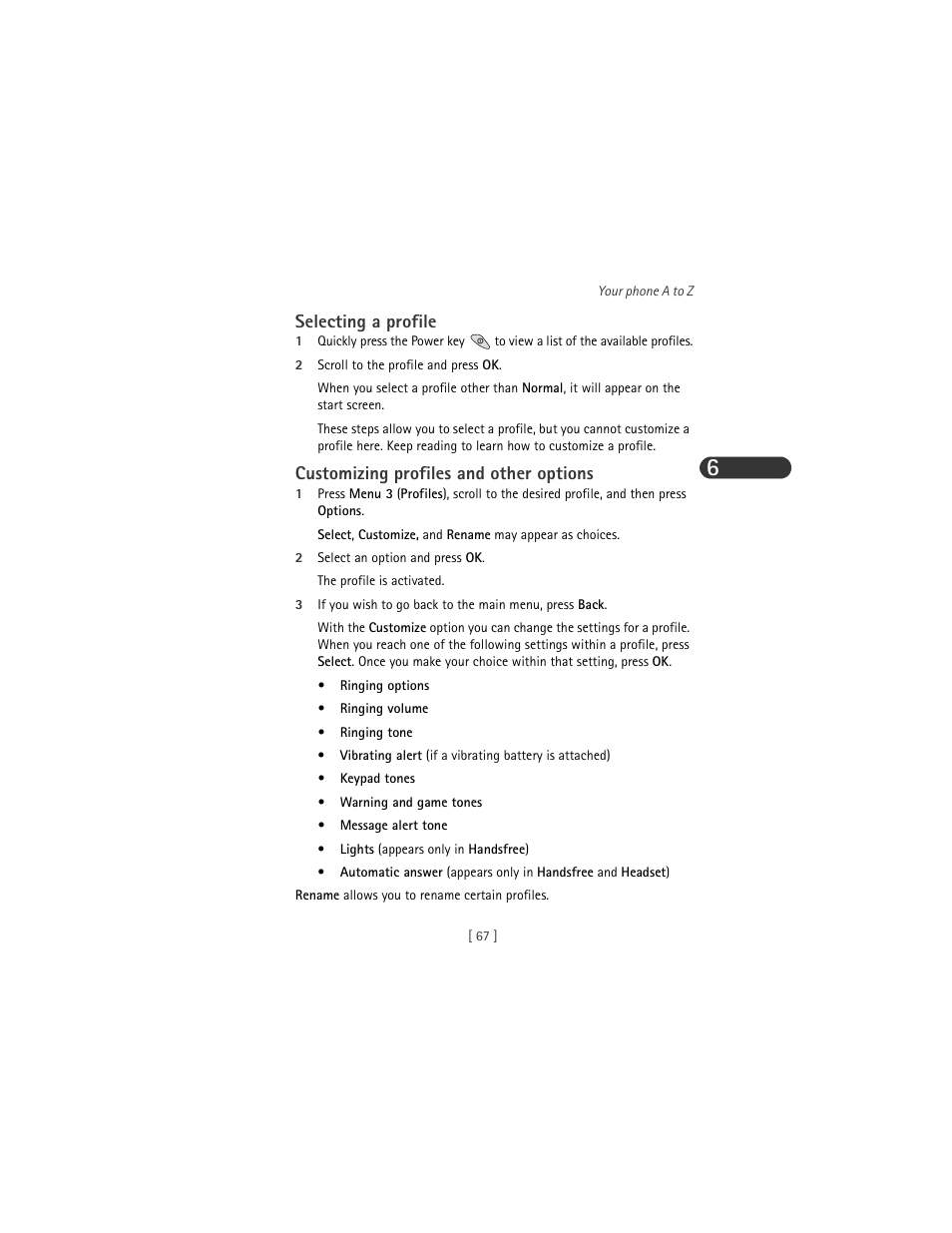 Selecting a profile, Customizing profiles and other options | Nokia 3285 User Manual | Page 75 / 141