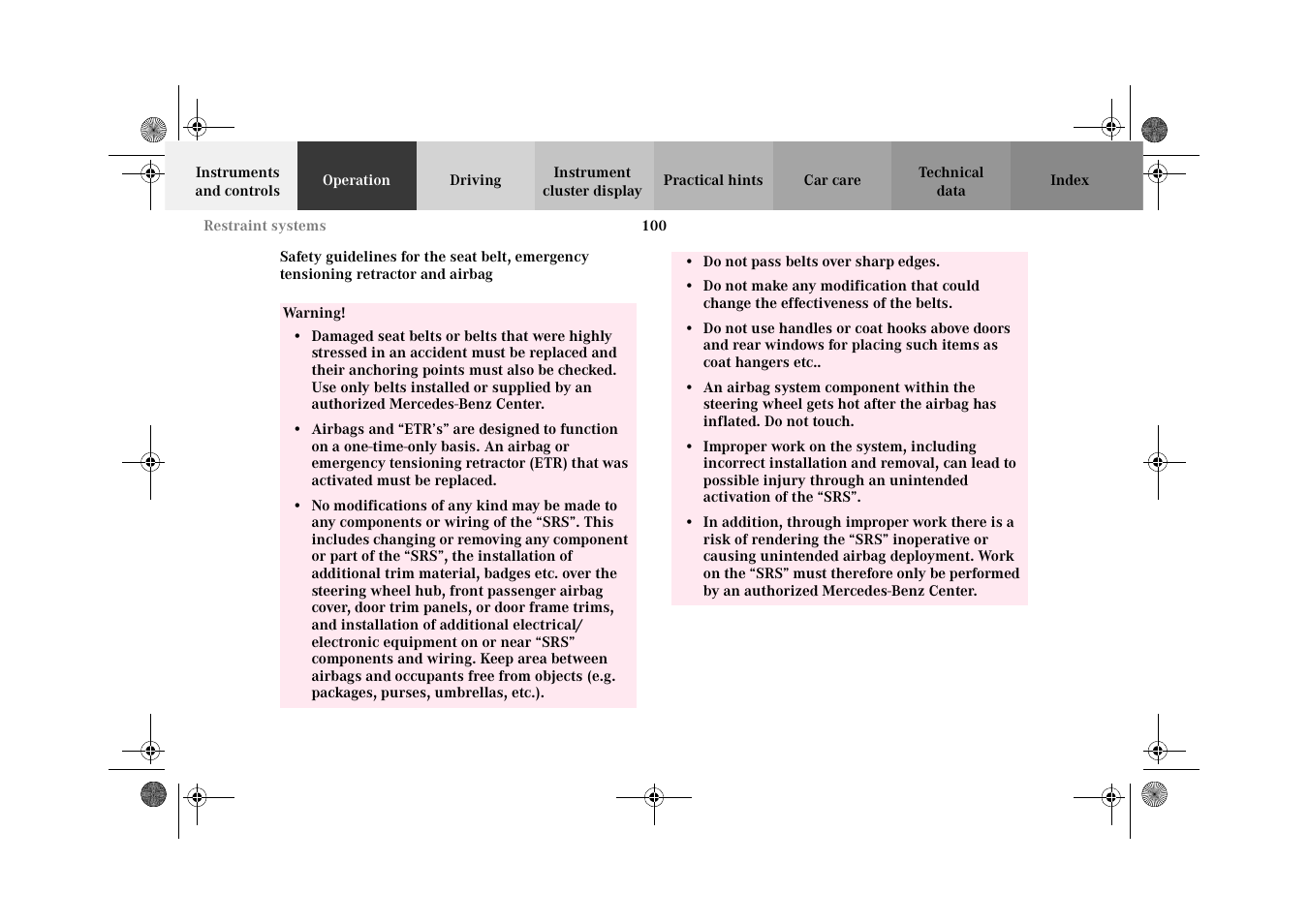 Safety guidelines for the | Mercedes-Benz 2002 CL 600 User Manual | Page 103 / 430