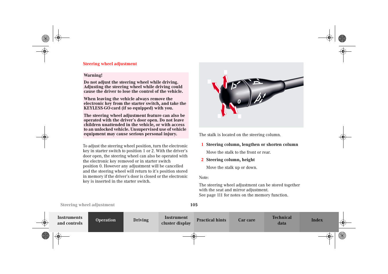 Steering wheel adjustment | Mercedes-Benz 2002 CL 600 User Manual | Page 108 / 430