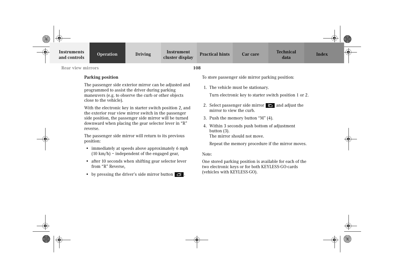 Exterior rear view mirrors:parking position | Mercedes-Benz 2002 CL 600 User Manual | Page 111 / 430
