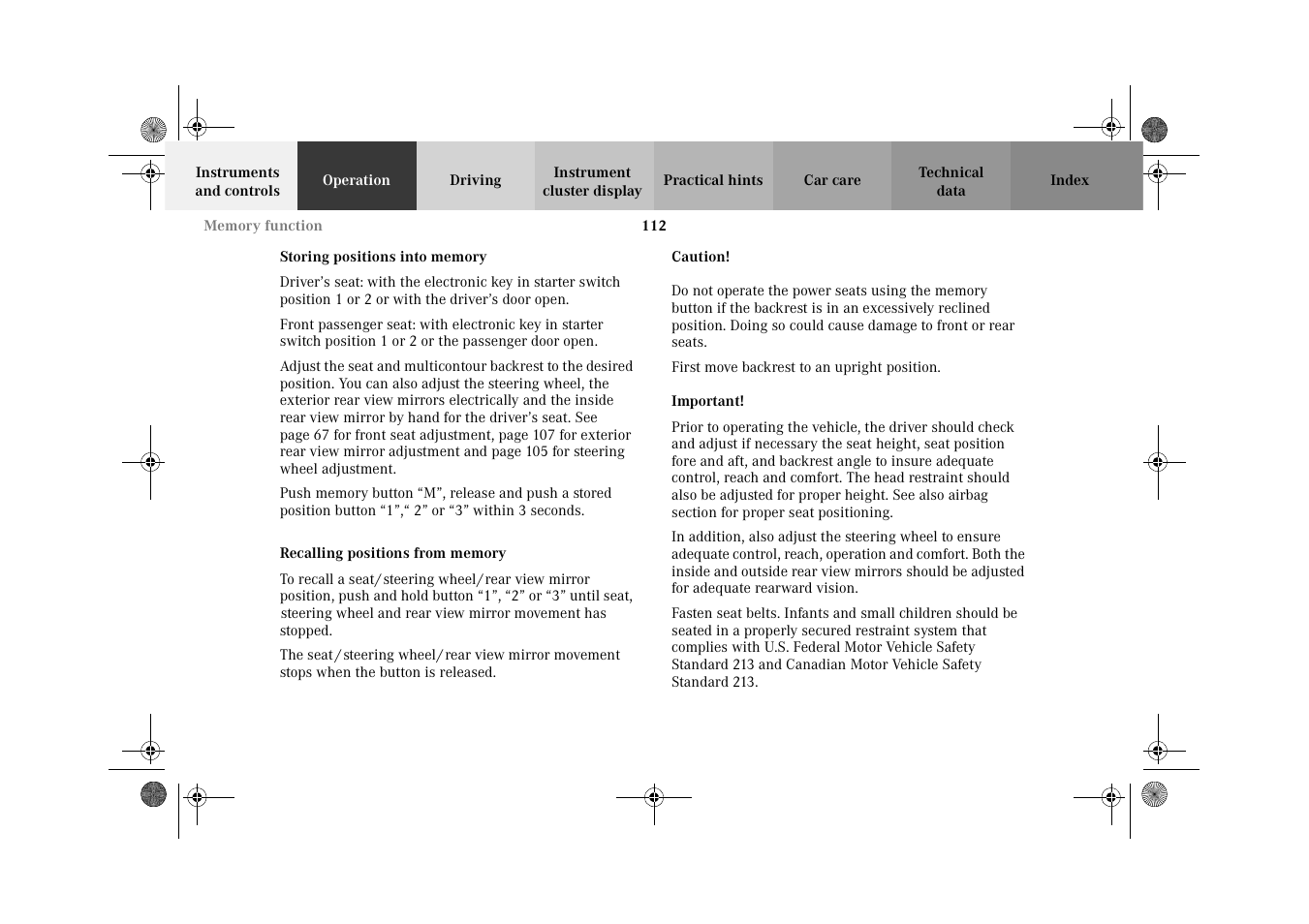 Storing positions into memory, Recalling positions from memory | Mercedes-Benz 2002 CL 600 User Manual | Page 115 / 430